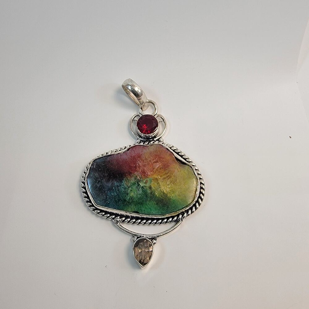Handmade Sterling Silver Pendant with Rainbow Fluorite Garnet and Smoky Quartz